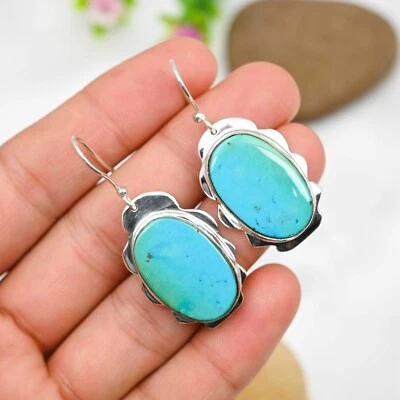 Natural Turquoise Gemstone Earrings 925 Sterling Silver Handmade Jewelry Gift - Image 1 of 4