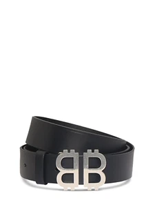 BALENCIAGA $450 Men's Black/Silver 35mm Leather Belt New & Authentic - Picture 1 of 2