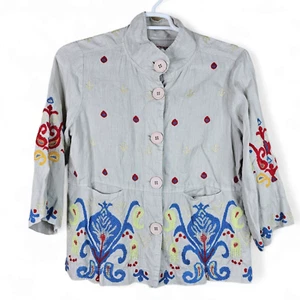Johnny Was Linen Jacket Womens Small Button Lightweight Floral Embroidered 3/4 - Picture 1 of 10