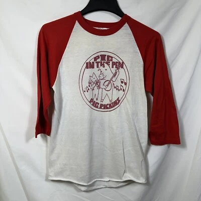 Винтажный одиночный стежок 3/4 рукав звонарь футболка свинья в ручке часовня Hill 80-х M - Изображение 1 из 4