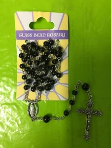 Collana Rosario Perline Vetro Tondo Nero con Medaglia Vergine Maria Croce Crocifisso - Foto 1 di 6
