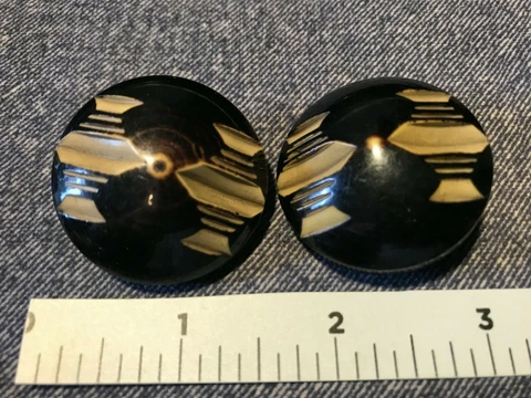2 Bakelite Catalin Carved Geometric Fur Coat Buttons 1-1/2" 37mm Shank Black Tan Cover