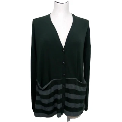 Three Dots Cardigan Womens Medium Green Striped Button Front Pockets Academia - Image 1 of 4