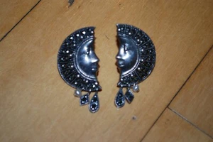 Thailand Sterling Silver 925 Art Deco Marcasite Pearl Half Moon Dangle Earrings - Picture 1 of 2