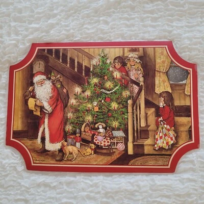 Vintage Reversible Plastic Christmas Placemats x4 Santa Yellow Tabby Cat 1988 - Изображение 1 из 4