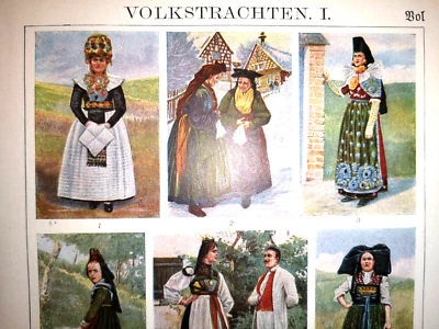 Alte Lithographie, Volkstrachten, Trachten, Kostüme, um 1920, Rarität - Bild 1 von 4