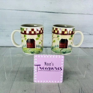 Thomson Pottery COUNTRY HOME Red White Check Farmhouse Tree 10 oz Cup Mugs Set 2 - Picture 1 of 15