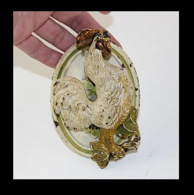 Antique 1920's Cast Iron Hubley Crowing Rooster Oval Door Knocker Original Paint - Image 1 of 4