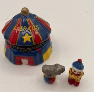 Tenda da circo portagioie con cerniera con pagliaccio ed elefante su palla. 2,5x2,5. - Foto 1 di 7
