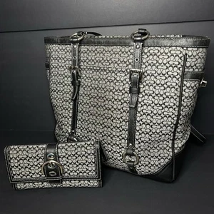 Coach Jacquard MinSig schwarz & grau Canvas Leder Beuteltasche F11527 mit passender Geldbörse - Bild 1 von 24