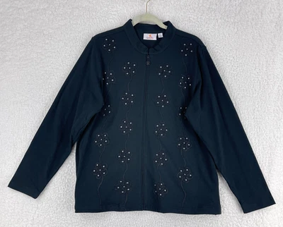 Quacker Factory Sweater Womens Size XL Black Embroidered Floral Long Sleeve Zip - Image 1 of 4