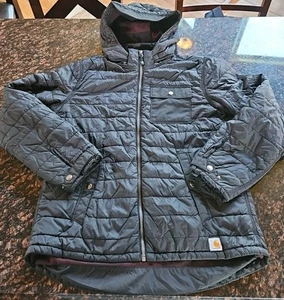 Carhartt Black Flannel Lined Puffer Jacket Coat Removable Hood Women's M - Picture 1 of 11