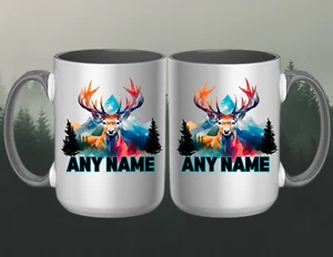 PERSONALIZED BUCK/DEER WITH MOUNTAIN BACKGROUND 15oz Coffee Mug - Picture 1 of 1