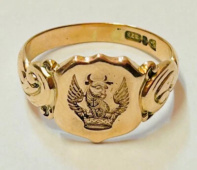 “Antique 9ct Rose Gold Winged Bull Intaglio Seal Ring” Heavy 5.3g Size T - Image 1 of 4