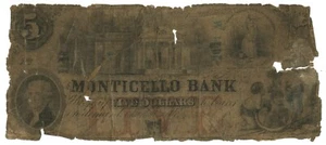18XX Monticello Bank, Charlottesville, Virginia $5 Obsolete Note (59682) - Picture 1 of 2