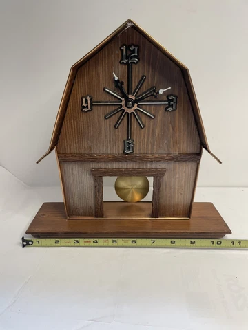Barn Shaped Wood Clock with Copper Roof  Swinging Pendulum Cover