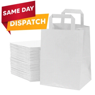 Bolsas portadoras de papel SOS comida para llevar blancas Kraft con mango plano - Imagen 1 de 4