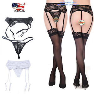 Sexy Women's Lace Garter Belt Stocking G-string Lingerie + Thigh-Highs Stockings