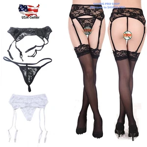 Sexy Women's Lace Garter Belt Stocking G-string Lingerie + Thigh-Highs Stockings - Picture 1 of 11