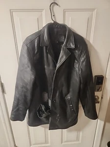 TRADER BAY Mens Size M Black Heavy Weight Leather Jacket Button Down As Is Torn - Picture 1 of 12