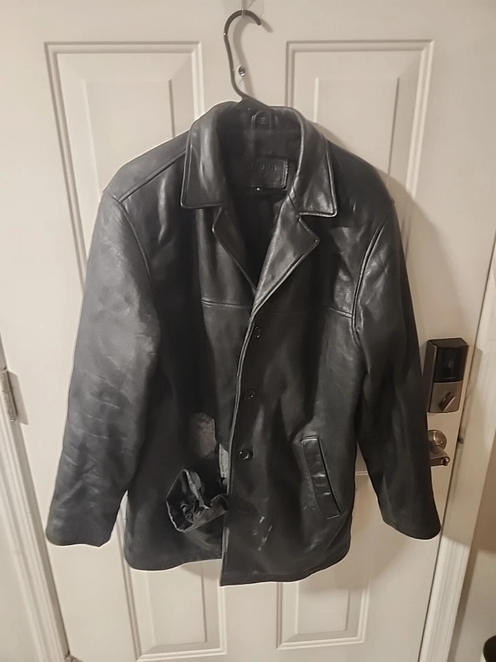 TRADER BAY Mens Size M Black Heavy Weight Leather Jacket Button Down As Is Torn - Image 1 of 4