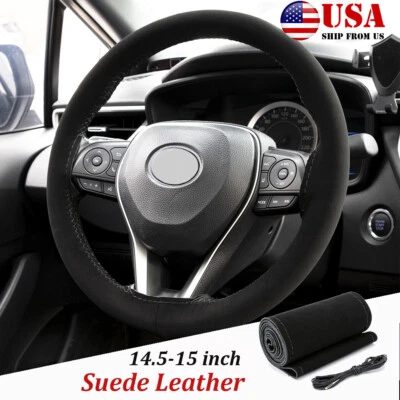 Car Steering Wheel Cover DIY Suede Leather Non-slip Sweat-absorbent Black - Image 1 of 4