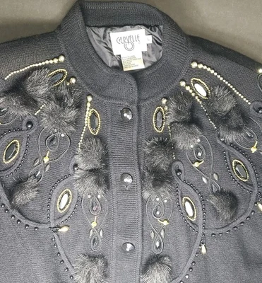 Cárdigan Suéter De Colección Cervelle Cuentas Angora Lana De Cordero Negro Talla L Forrado Foto 1 de 4