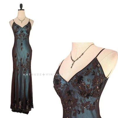 Vintage Papell Prom Dress Silk Maxi Gown 6 Blue Brown Y2K Fairy Goth Whimsigoth - Image 1 of 4