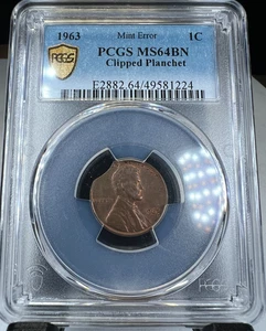1963 P Lincoln Penny Cent, 1C, Clipped Planchet PCGS MS 64 BN - Picture 1 of 4