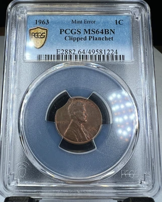 1963 P Lincoln Penny Cent, 1C, Clipped Planchet PCGS MS 64 BN - Image 1 of 4