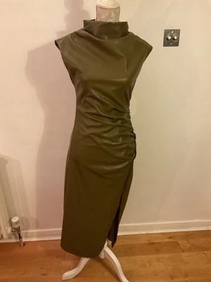 NWT ANTHROPOLOGIE Maya Ruched Cowl Neck Faux Leather Midi Dress Size 6 Green - Image 1 of 4