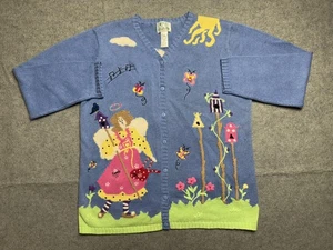 Quacker Factory Sweater Womens Large Blue Angel Birdhouse Cardigan Whimsical - Picture 1 of 14
