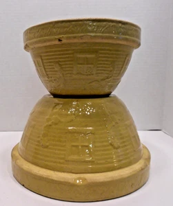 VTG Ransbottom Yellow Ware Bowls with Finger Holds , round 10 X 5" & 9" X 4.5" - Picture 1 of 15