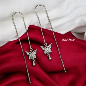 Women 925 Sterling Silver Earrings Light Weight Butterfly Drop Threader Jewelry - Picture 1 of 10