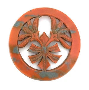 Vintage 1940s XL LARGE carved galalith FLORAL Flower orange blue BUTTON 2-3/4" - Picture 1 of 5