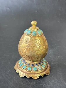 China Tang Gilt Bronze pot hand carved heavenly kings motif inlaid Gems - Picture 1 of 15