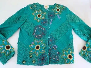 Sandy Starkman Beaded Silk Jacket Teal Green Daisy Floral Orange Purple S - Picture 1 of 6