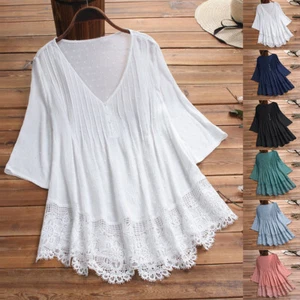 Plus Size 20-28 Womens Lace Baggy Tunic Tops Blouse Ladies V Neck Casual T Shirt - Picture 1 of 28