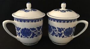 Pair of Covered Mugs with Blue Pattern