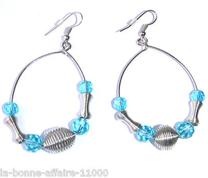BOUCLES D'OREILLES FANTAISIE PENDANTE anneau créole perle bleue tendance soirée - Bild 1 von 1