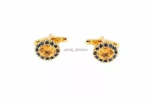 Naturale Citrino & Nero Spinello Placcato Oro 925 Argento Sterling Gemelli #2071 - Foto 1 di 4