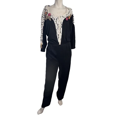 Lacy Afternoon Womens Jumpsuit L Black Embellished Whimsigoth Cottagecore Vtg - Image 1 of 4