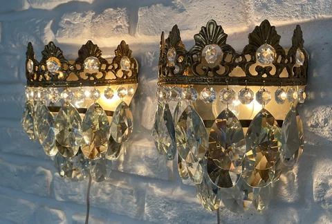 Matching Pair of Antique Vintage Brass & Crystals Wall Sconces Chandelier Lamp Cover