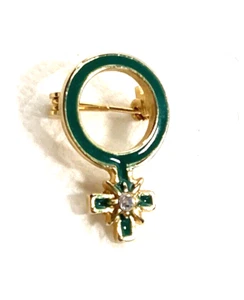 Vintage Female Symbol Pin Green & Gold Tone Clear Rhinestone Accent 1" - Picture 1 of 4