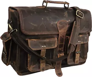18 Inch Buffalo Leather Briefcase Laptop Messenger Office College Bag for Men an - Picture 1 of 12