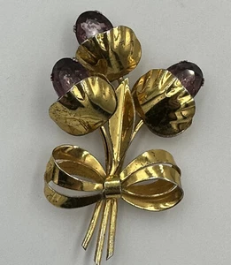 Vintage Vermeil Amethyst Purple Rhinestone Brooch Pin 1940s Floral Bouquet - Picture 1 of 9