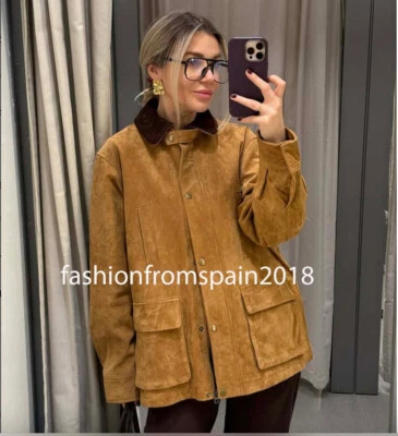 ZARA NEW WOMAN COMBIN. 100% SUEDE LEATHER JACKET WITH PLEAT CAMEL 4341/755/707