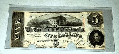 1863 $5 DOLLAR BILL, THE CONFEDERATE STATES OF AMERICA, RICHMOND - Image 1 of 2
