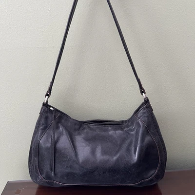 VTG Y2K Hobo Zip Top Shoulder Bag Purse Dark Gray Black Brown Stitching Leather - Image 1 of 4