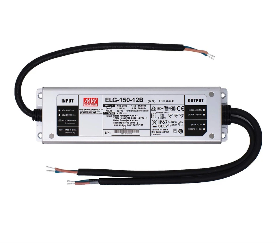 Mean Well ELG-150-12B Fuente de alimentación LED 120W 12V 10A IP67, PFC activo, atenuación